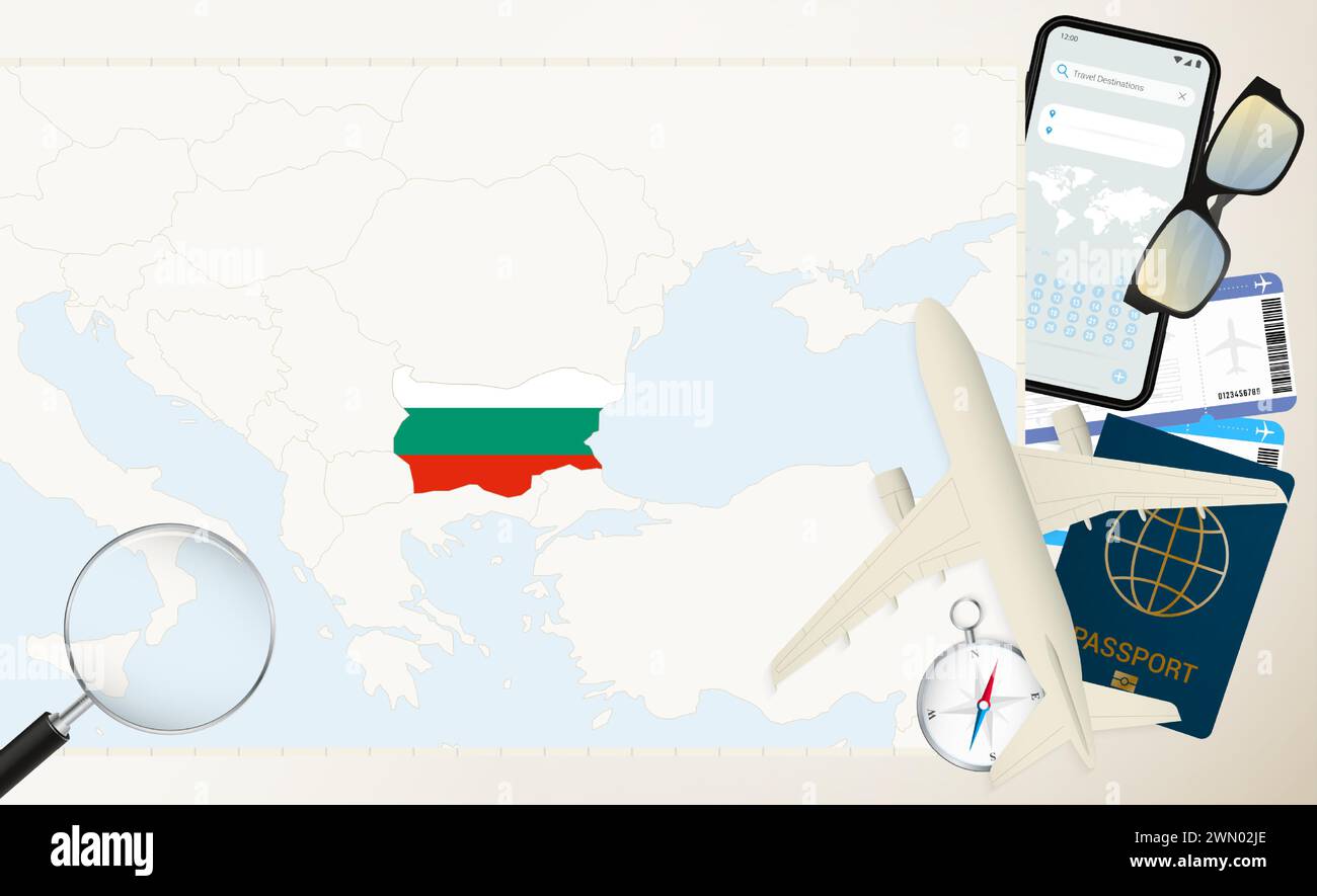 Bulgarien Karte und Flagge, Frachtflugzeug auf der detaillierten Karte Bulgariens mit Flagge, Pass, Lupe und Flugzeug. Vektorvorlage. Stock Vektor