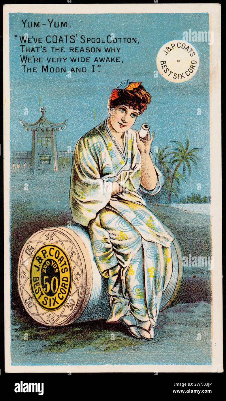 Yum-Yum. "Wir haben Coats Spulenbaumwolle, deshalb sind wir sehr wach, der Mond und ich." Yum-Yum. "Wir haben Coats Spulenbaumwolle, deshalb sind wir sehr wach, der Mond und ich." Stockfoto