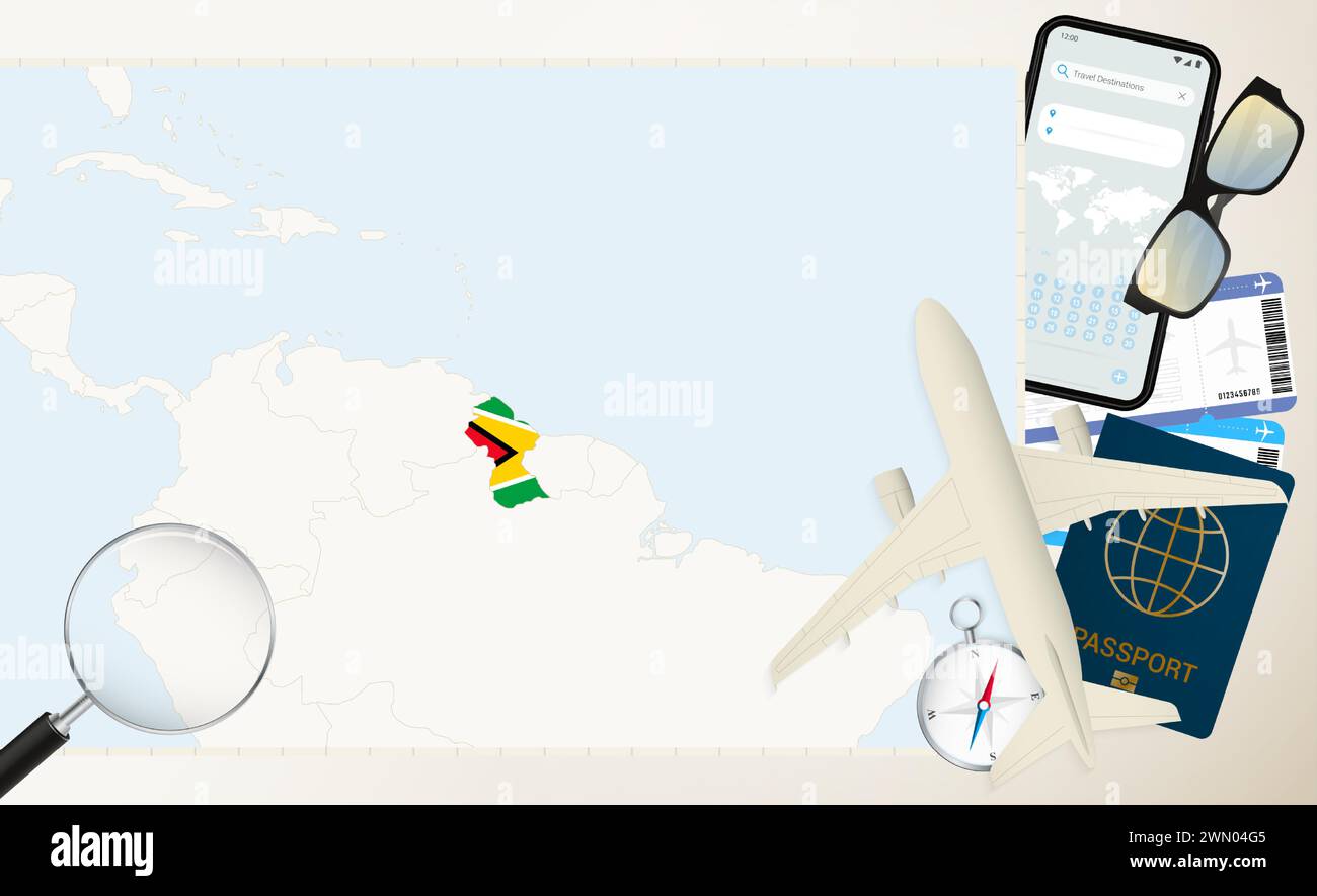 Guyana Karte und Flagge, Frachtflugzeug auf der detaillierten Karte von Guyana mit Flagge, Pass, Lupe und Flugzeug. Vektorvorlage. Stock Vektor