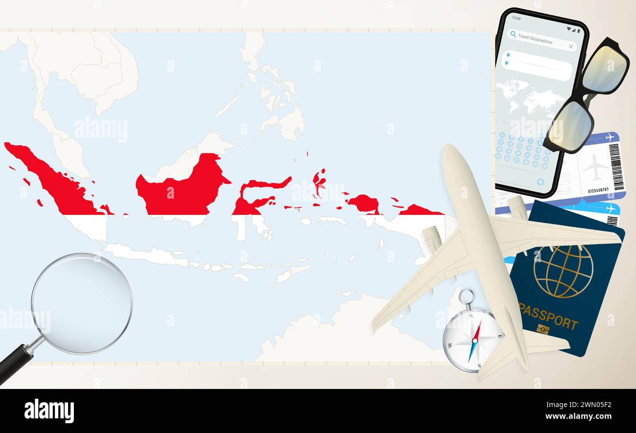 Indonesien Karte und Flagge, Frachtflugzeug auf der detaillierten Karte Indonesiens mit Flagge, Pass, Lupe und Flugzeug. Vektorvorlage. Stock Vektor