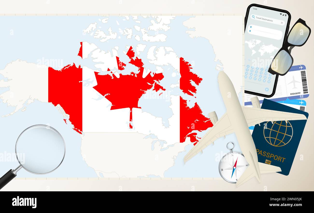 Kanada Karte und Flagge, Frachtflugzeug auf der detaillierten Karte Kanadas mit Flagge, Pass, Lupe und Flugzeug. Vektorvorlage. Stock Vektor