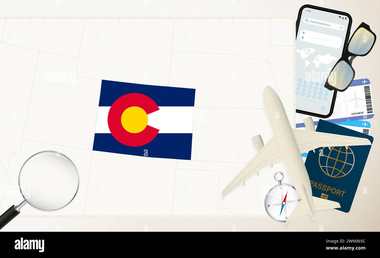 Colorado Karte und Flagge, Frachtflugzeug auf der detaillierten Karte von Colorado mit Flagge, Pass, Lupe und Flugzeug. Vektorvorlage. Stock Vektor