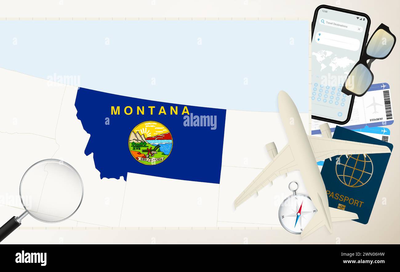 Montana Karte und Flagge, Frachtflugzeug auf der detaillierten Karte von Montana mit Flagge, Pass, Lupe und Flugzeug. Vektorvorlage. Stock Vektor
