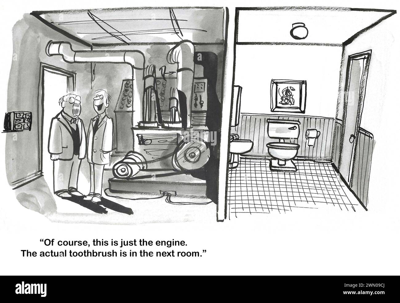 BW Cartoon eines Zimmers, das größer als das Badezimmer war, um die elektrische Zahnbürste laufen zu lassen. Stockfoto