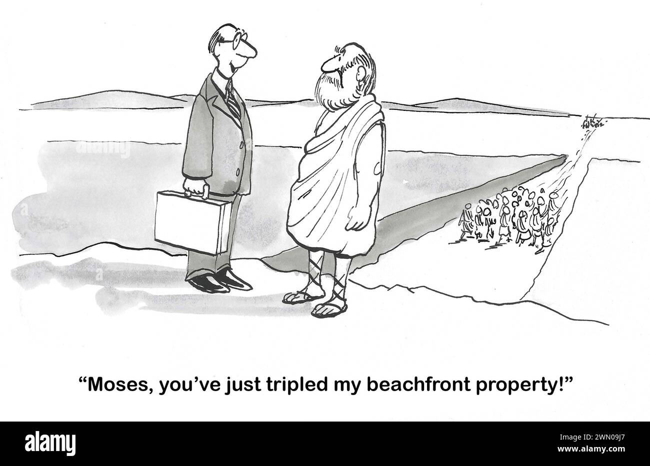BW-Cartoon zeigt, wo Moses das Rote Meer geteilt hat. Der Verkäufer sagt Moses, dass er „gerade mein Strandgrundstück verdreifacht hat“. Stockfoto