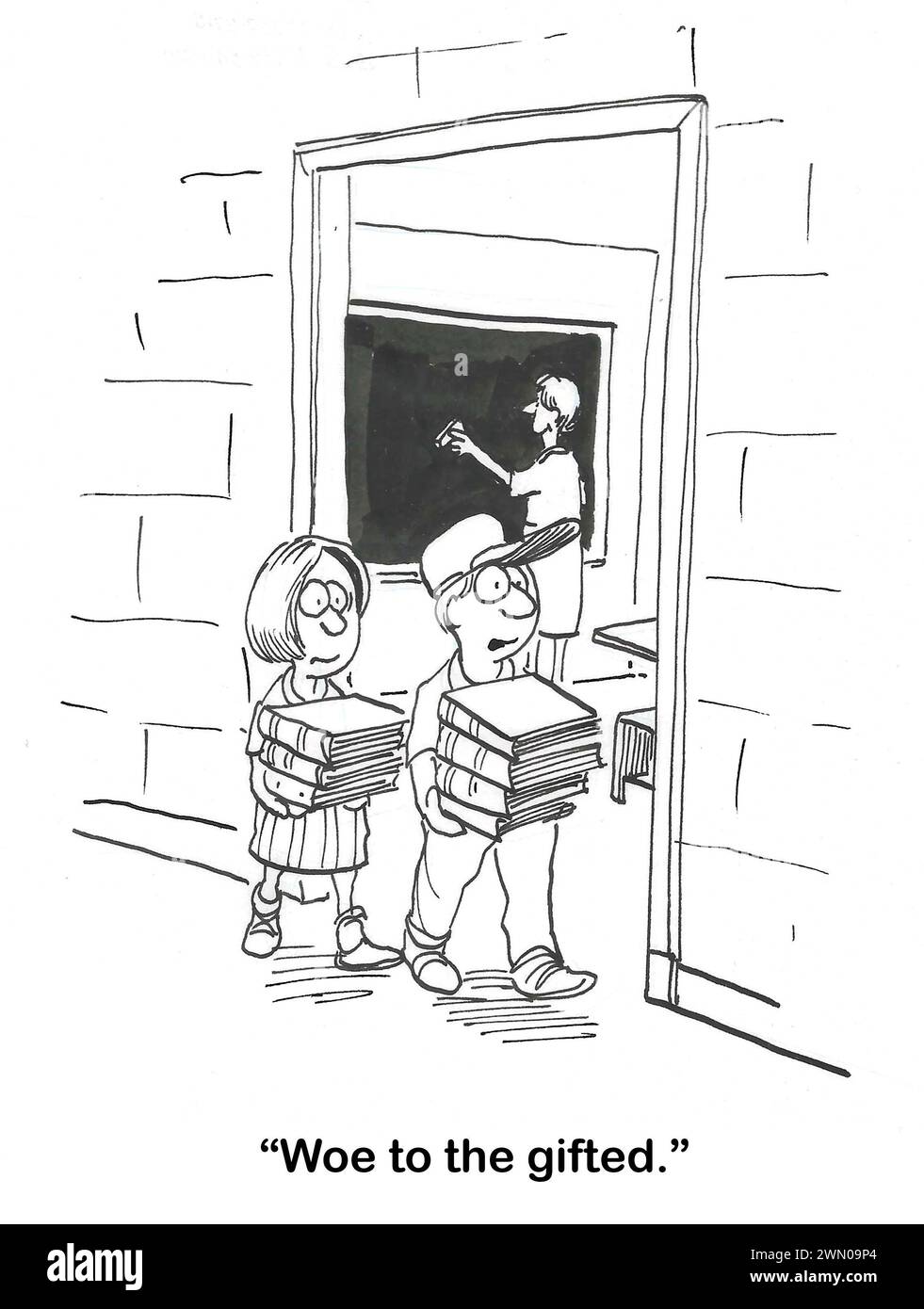 BW Cartoon von zwei begabten Schülern, die in einem Schulflur spazieren gehen und viele Lehrbücher bei sich tragen. Stockfoto