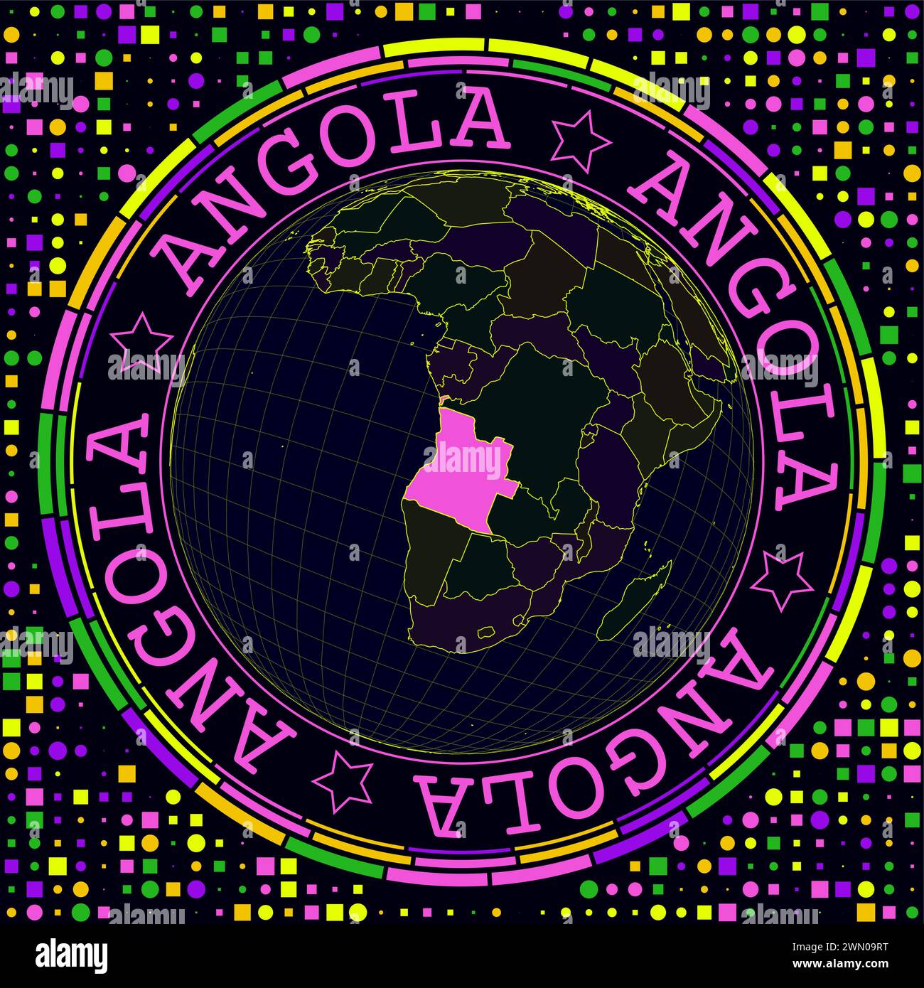 Das futuristische Angola auf der Welt. Heller Neon-Satellitenblick auf die Welt mit Schwerpunkt Angola. Stock Vektor