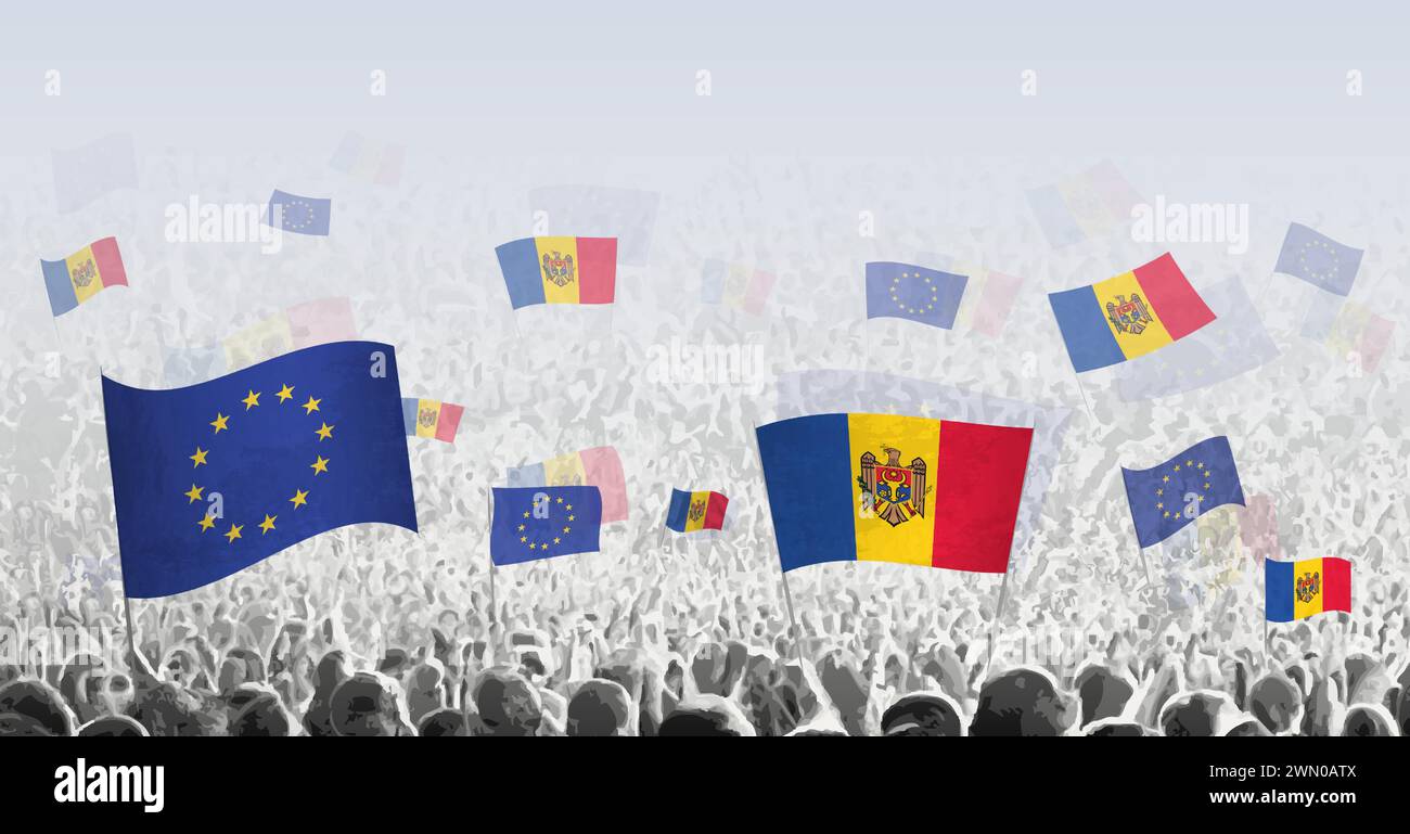 Menschenmenge mit der Flagge der Europäischen Union und der Republik Moldau, Menschen aus Moldau mit der Flagge der EU. Vektorabbildung. Stock Vektor