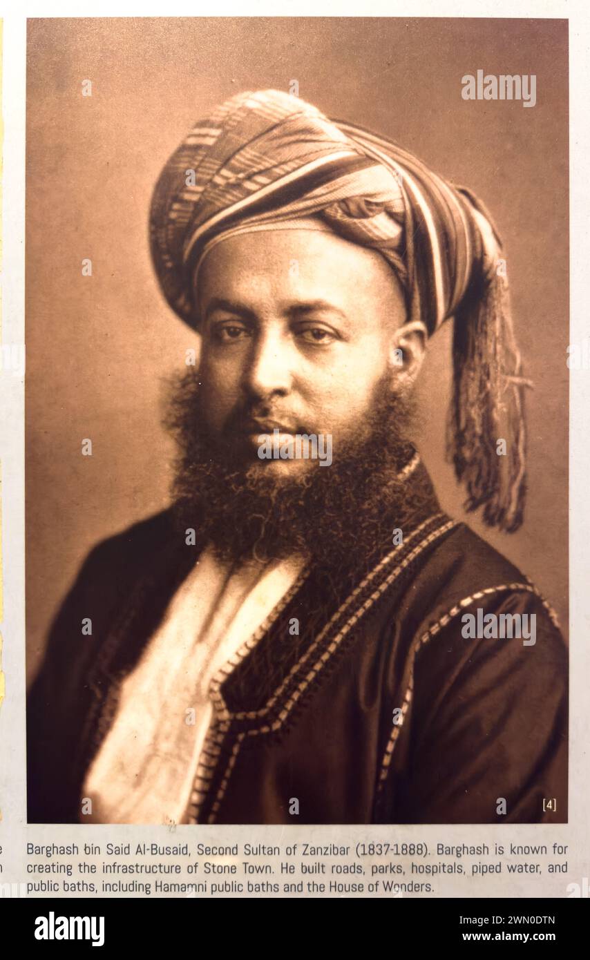 Ein Ausstellungsfoto von Barghash bin Said Al-Busaid, Sultan von Sansibar 1837-1888, Sklavenmuseum, Stone Town, Sansibar, Tansania Stockfoto
