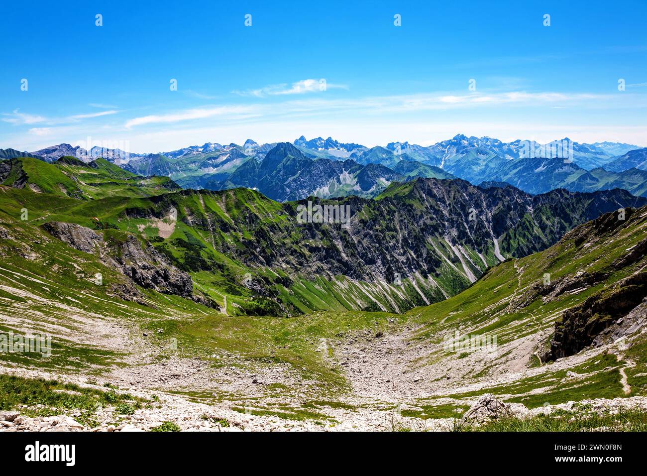 Allgäuer Alpen, Oberstdorf, Bayern, Deutschland, Europa. Die Allgäuer Alpen sind ein Gebirgszug in den Nördlichen Kalkalpen. Stockfoto