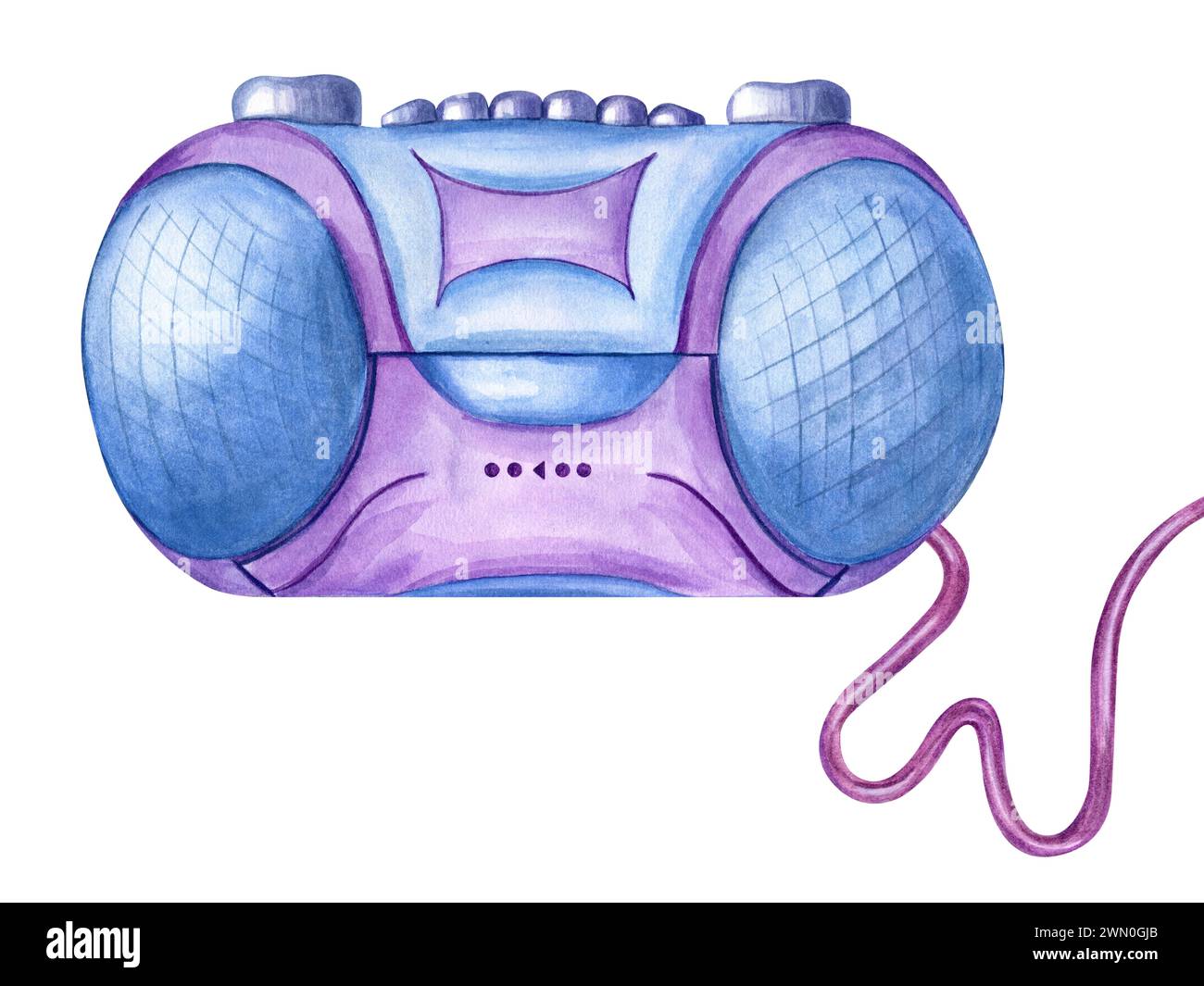 Niedlicher Kassettenboombox-Player. Blauviolettes Gerät mit Draht. Kassettenrekorder zum Musikhören. Retro-Stil der 90er, 2000er Jahre. Stereo-Gadget mit Taste Stockfoto