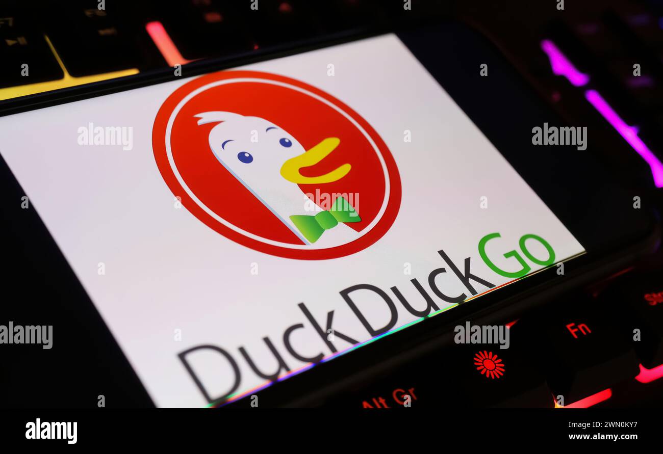Viersen, Deutschland - 9. Januar. 2024: Smartphone-Bildschirm mit Ente Go Anonymous Darknet-Suchmaschine auf Computertastatur Stockfoto