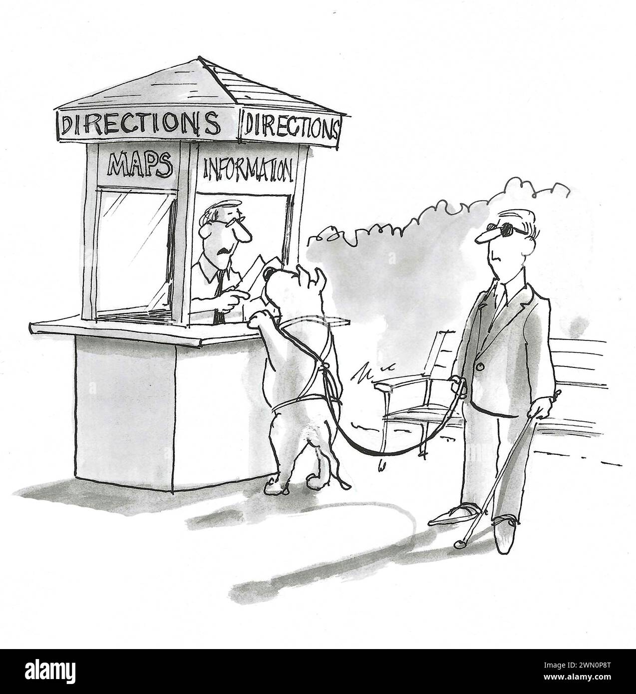 BW Cartoon eines sehenden Augenhunds, der eine Karte der Gegend erhält, damit der Hund den Blinden führen kann. Stockfoto
