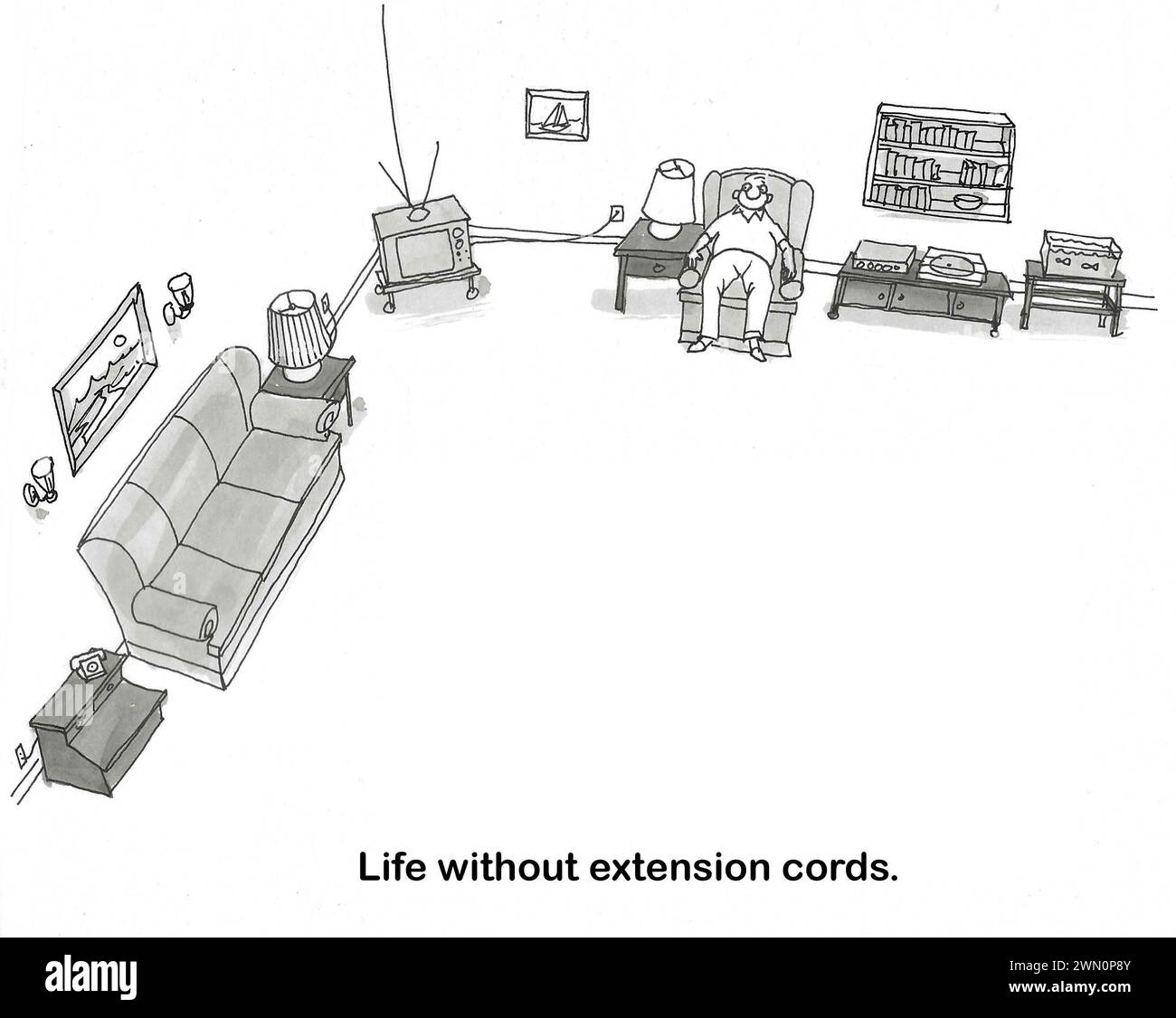 BW-Cartoon eines Wohnzimmers, in dem alles sehr weit auseinander liegt - der Mann hat keine Verlängerungskabel. Stockfoto
