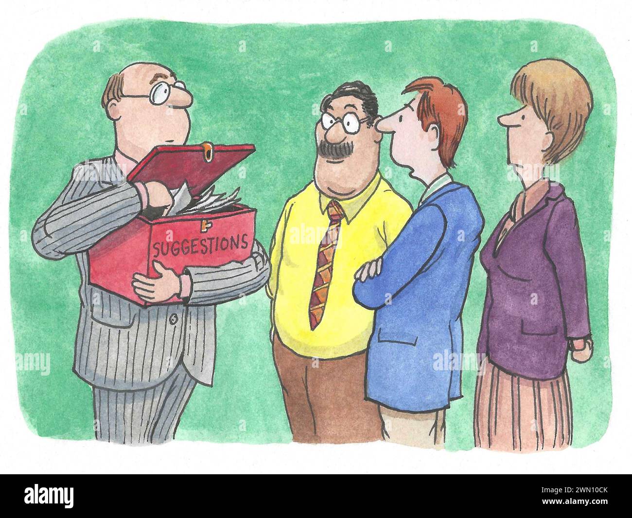 Farbcartoon eines Chefs und seiner drei Angestellten. Er öffnet ihre Vorschlagsbox, sie sind nervös. Stockfoto