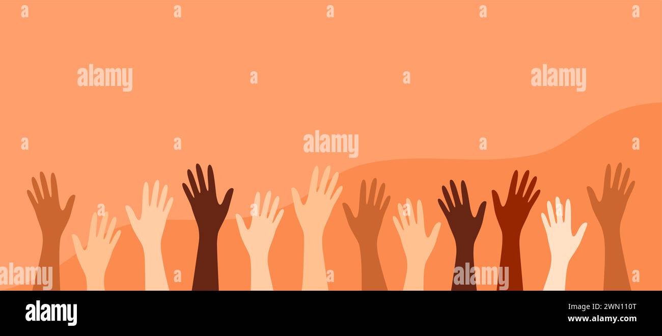Hände von Frauen verschiedener Nationalitäten und Hauttöne, die nach oben reichen. Illustration des flachen Vektors mit Kopierraum Stock Vektor