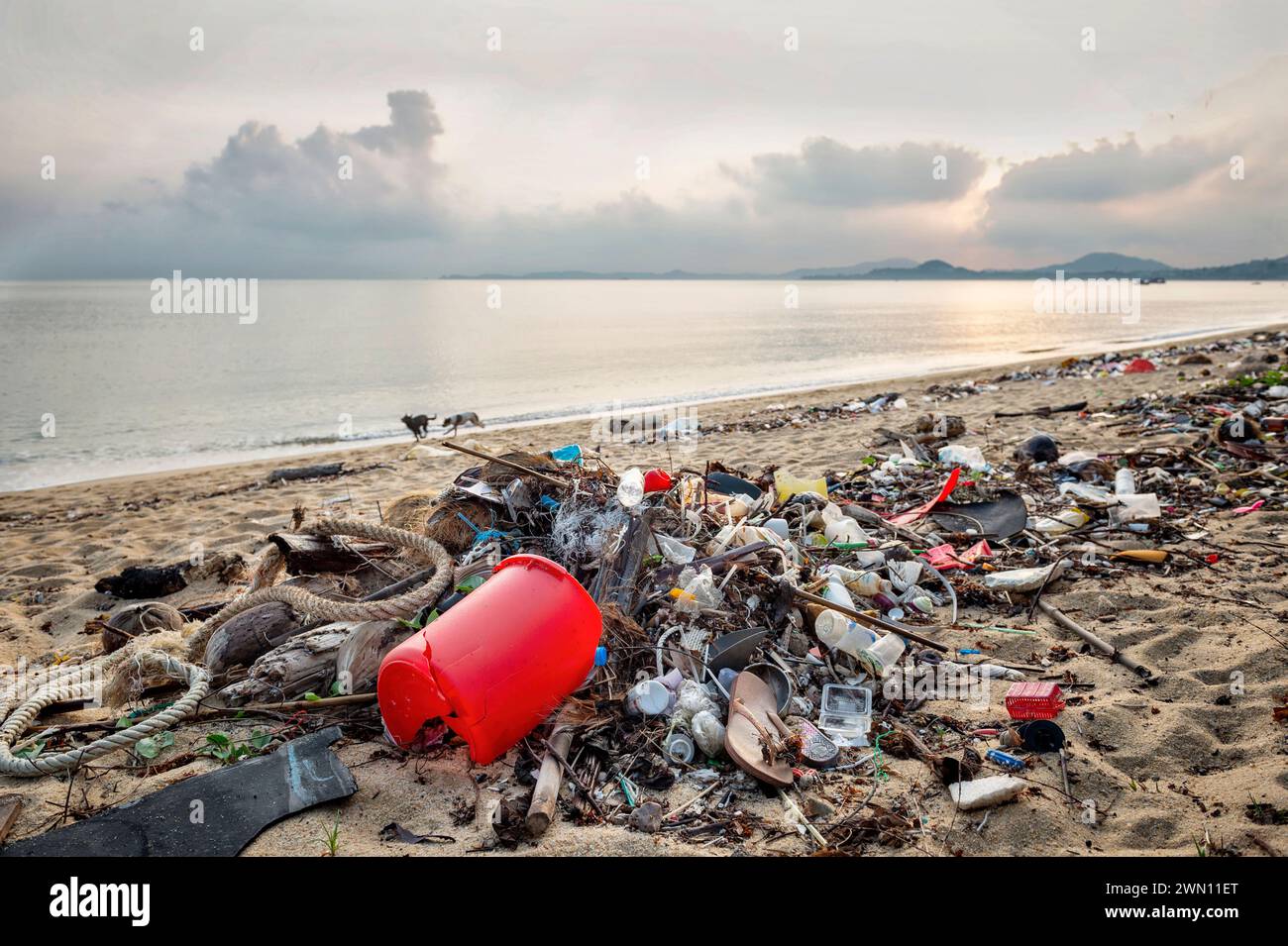 Koh Samui, Thailand - 19. Januar 2024: Ein einsamer Strand, voller Plastikflaschen, Verpackungen und anderem Müll. Stockfoto