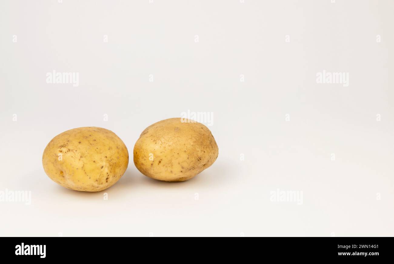 Zwei frische junge Kartoffeln auf weißem Hintergrund. Stockfoto