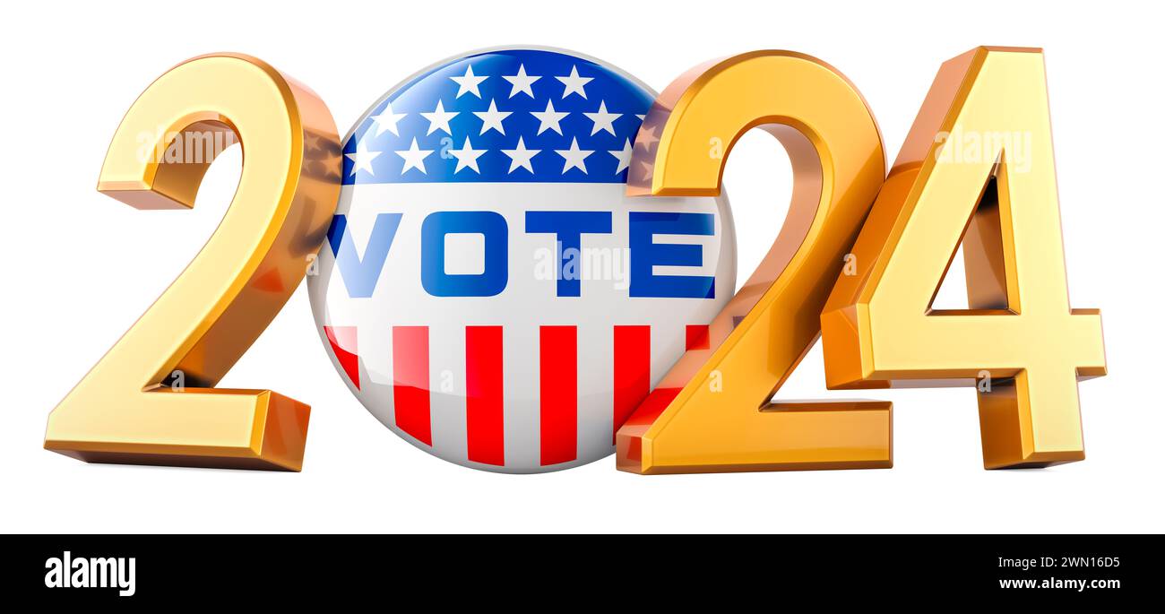 2024 Präsidentschaftswahlen in den Vereinigten Staaten, 3D-Darstellung isoliert auf weißem Hintergrund Stockfoto