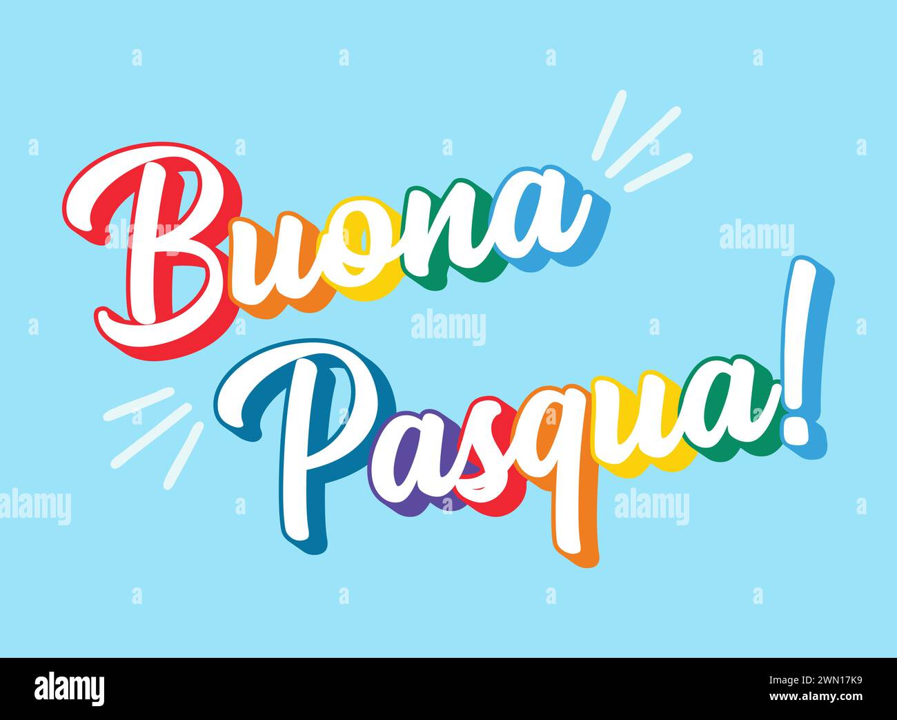 Handskizzierte regenbogenfarbene Schrift, Zitat Buona Pasqua, Happy Easter auf Italienisch. Isoliert auf hellblauem Hintergrund. Vektor Stock Vektor