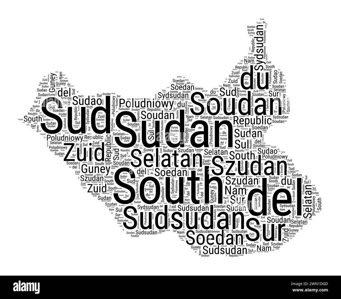 Schwarzweißwortwolke in südsudanesischer Form. Einfache typografische Darstellung des Landes. Schwarze Textwolke im Südsudan auf weißem Hintergrund. Stock Vektor