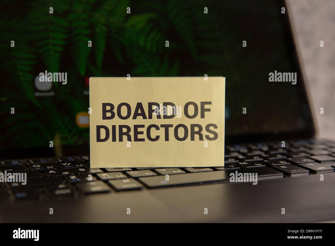 Die Worte BOARD OF DIRECTORS sind in einem weißen Notizblock neben einer weißen Tasse Kaffee auf einem hellen Hintergrund geschrieben. Stockfoto