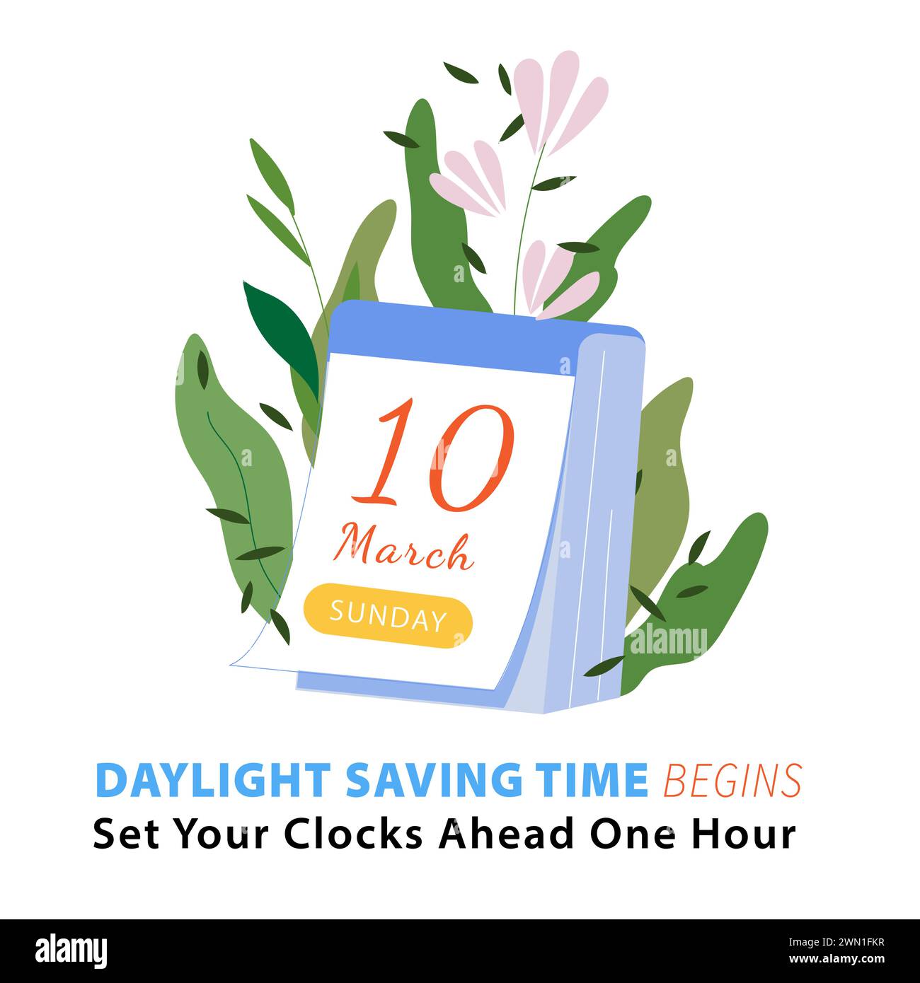 Kalender mit Datum des Frühjahrs 10. März 2024. Sommerzeit Banner Erinnerungstext Stellen Sie Ihre Uhren eine Stunde voraus. Vektorabbildung. Stock Vektor