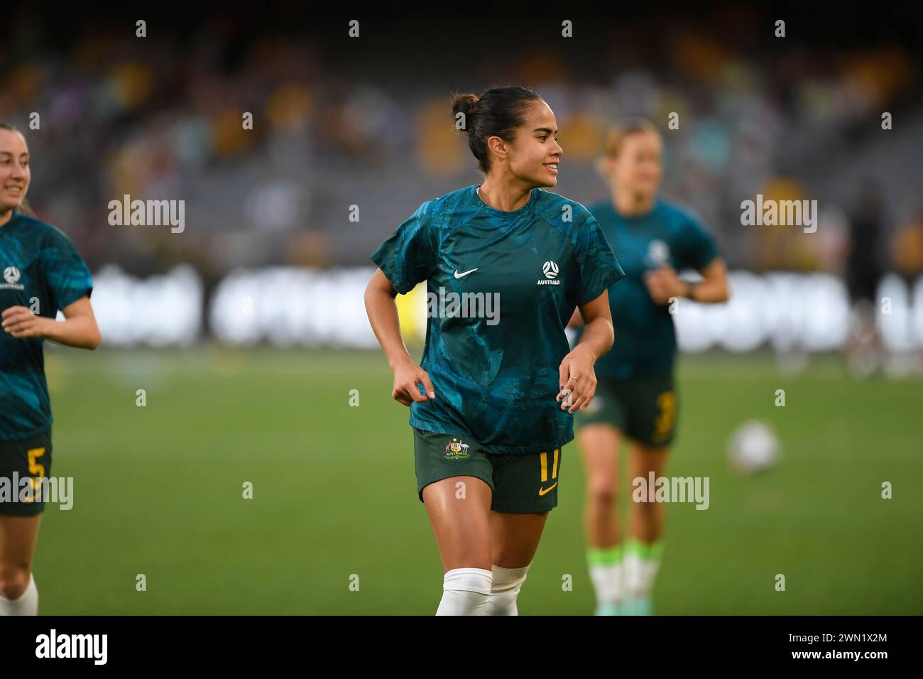 MELBOURNE, AUSTRALIEN Melbourne, Victoria, Australien. 28. Februar 2024. Australien Stürmer Mary Fowler (11) beim AFC Women's Olympic Qualifying Tournament R3 Australia Women gegen Usbekistan Women im Marvel Stadium von Melbourne 2024. Quelle: Karl Phillipson/Alamy Live News Stockfoto