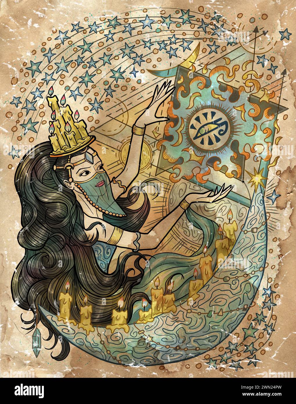 Illustration mit Fantasy-Gravur mit wunderschöner arabischer Frau als Hexe oder Magier auf strukturiertem Hintergrund. Handgezeichnete farbenfrohe Grafik mit ethnischen Co Stockfoto