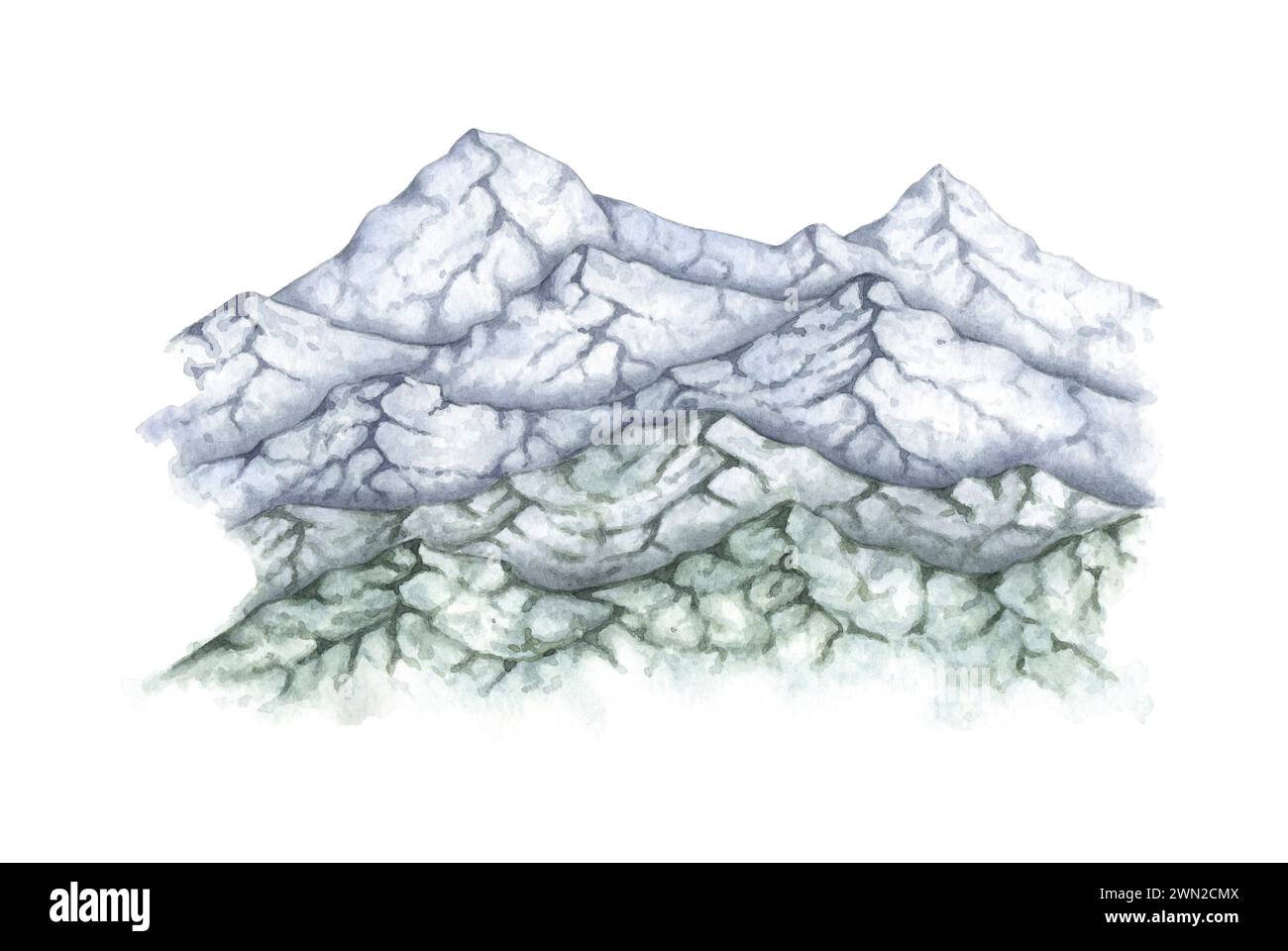 Aquarellillustration einer hohen Landschaft eines felsigen Berges mit schneebedecktem Rücken. Natürliches Element der Rocky Mountains isoliert auf weiß. Ein natürliches Element f Stockfoto