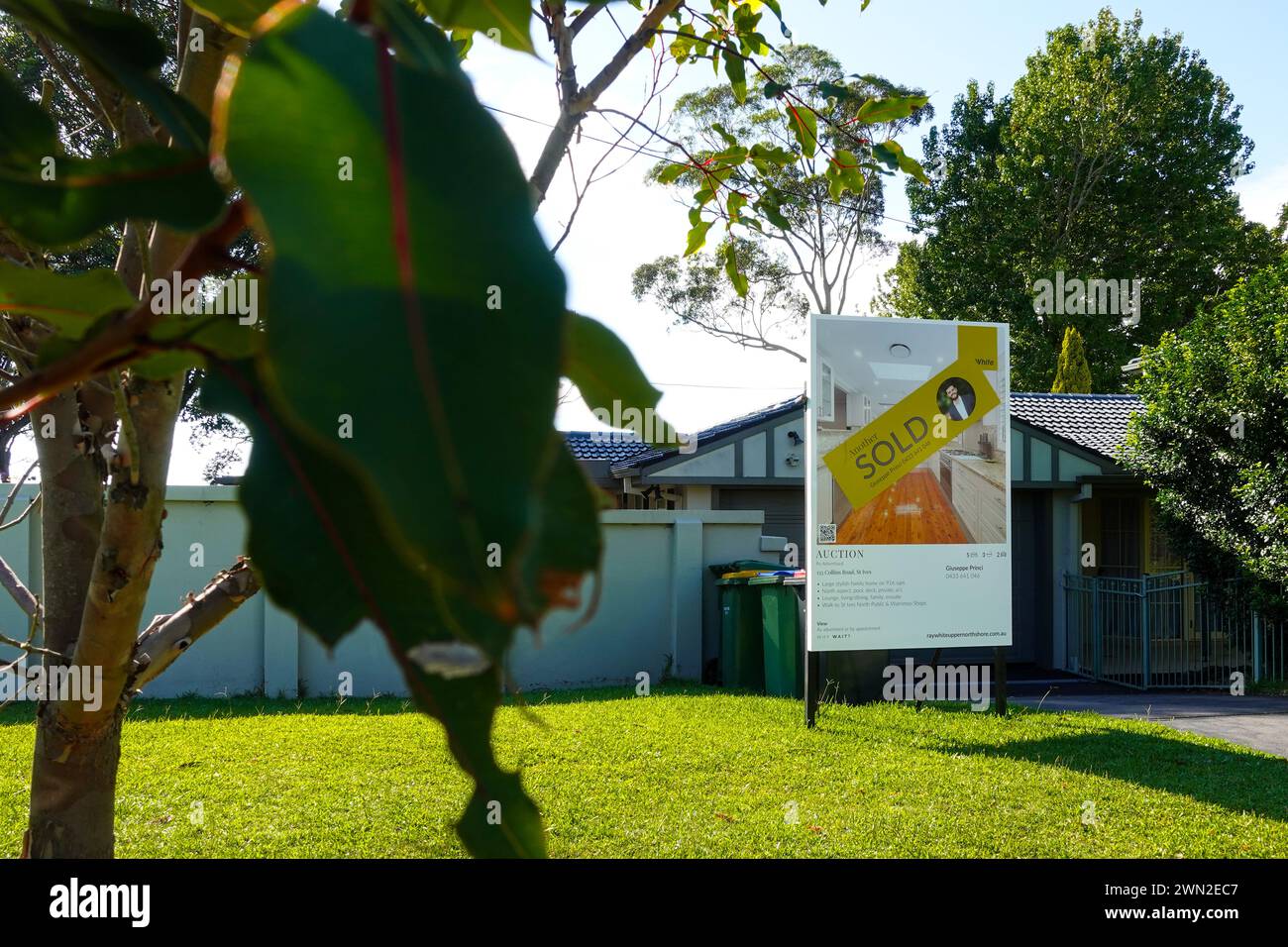Ein großes „verkauft“-Schild auf dem Rasen eines Hauses in Australien zeigt den erfolgreichen Verkauf der Immobilie an. Stockfoto