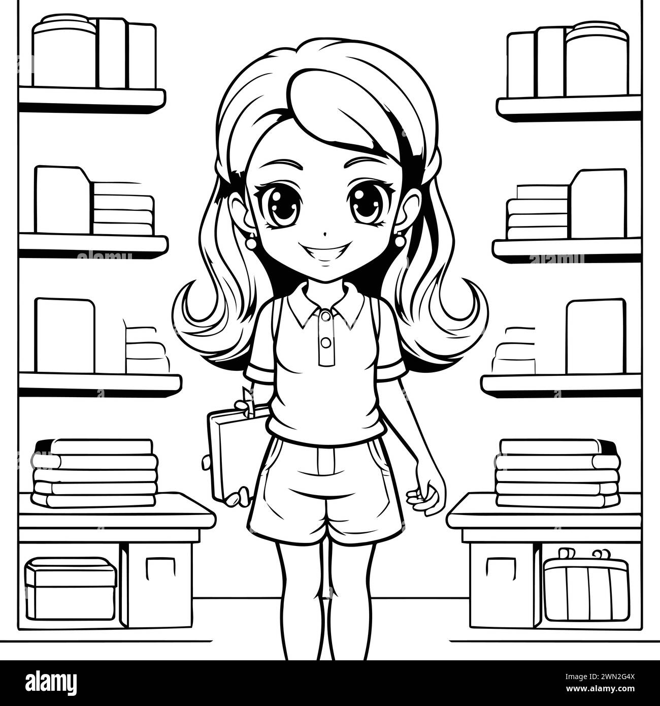Schwarz-weiß-Zeichentrickillustration von Schulmädchen mit Büchern auf Regal in Bibliothek oder Buchhandlung Malbuch Stock Vektor