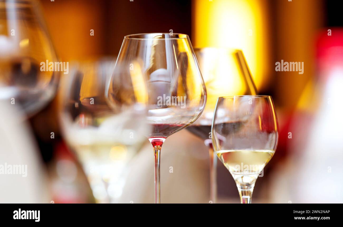 Weingläser mit Rot- und Weißwein Stockfoto