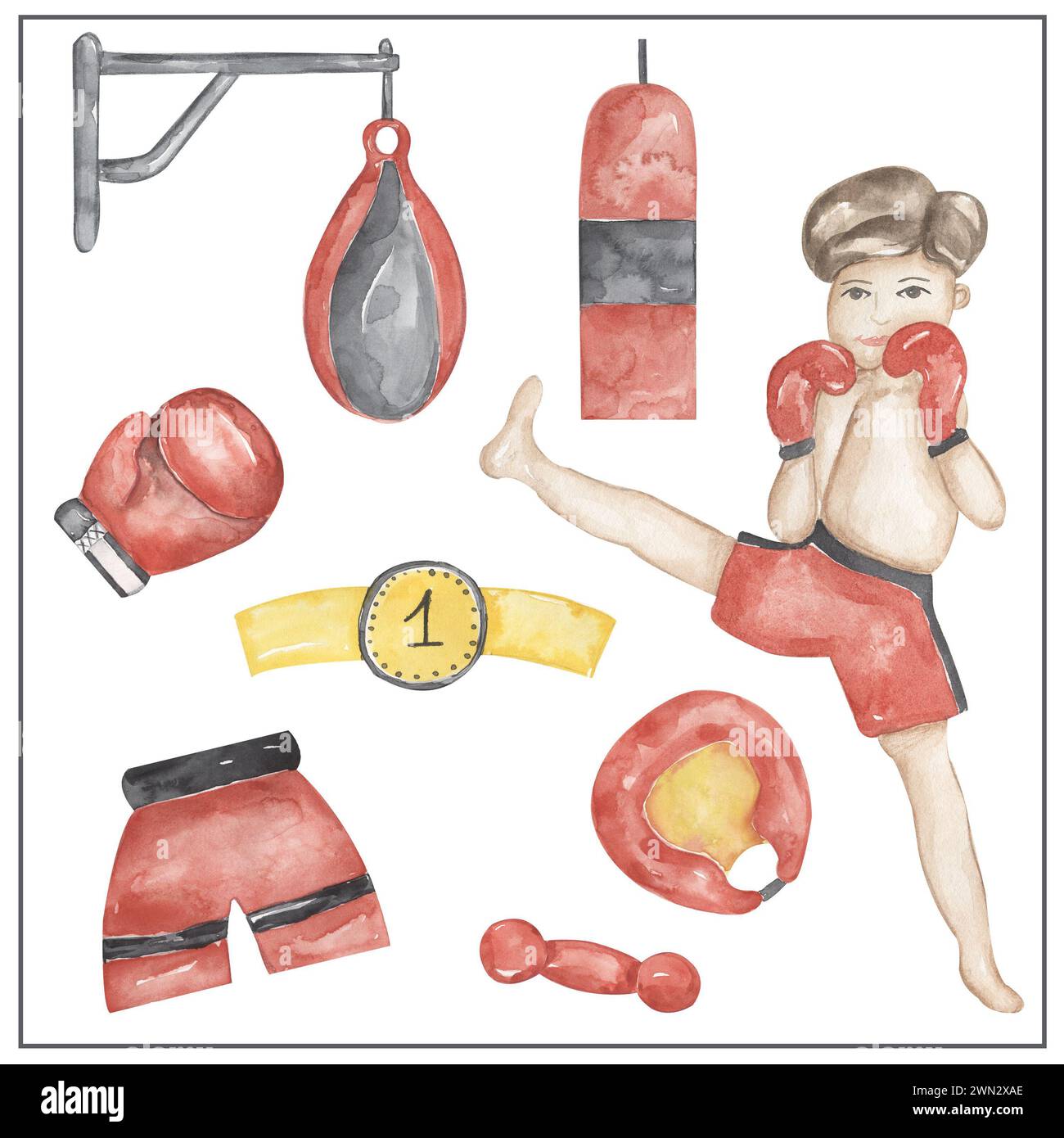 Wasserfarben-Kickboxer-Clipart, handgezeichnete Illustration. Kickboxer arbeiten, Kinder Schulkarten ClipArt, lehrreiche, süße Kindergrafiken mit Professi Stockfoto