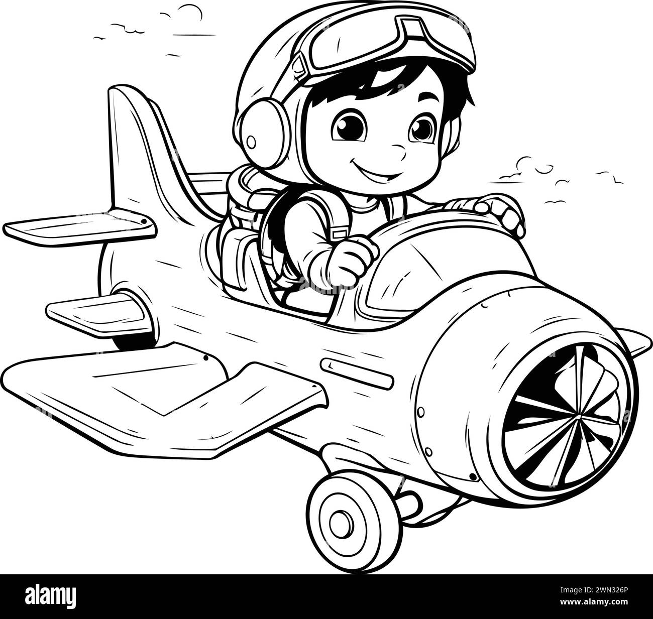 Kleiner Junge im Pilotenhelm, der ein Spielzeugflugzeug fährt. Vektorabbildung. Stock Vektor