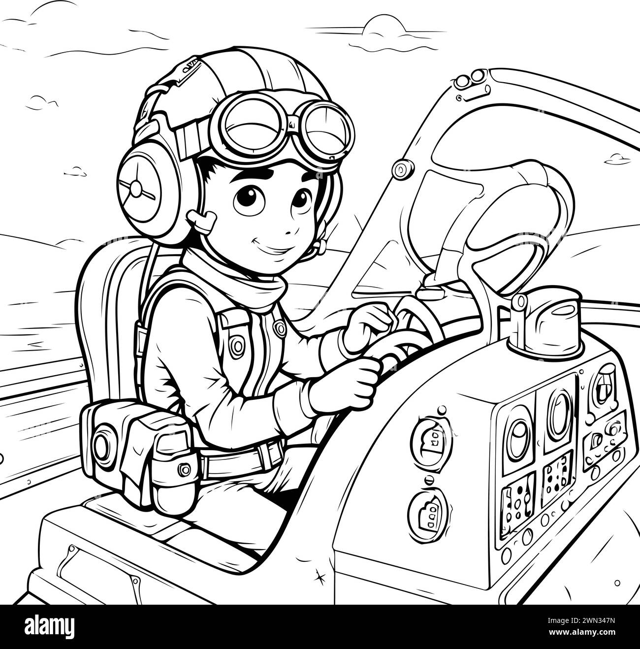 Illustration eines Jungen im Pilotenhelm, der in einem Flugzeug sitzt Stock Vektor