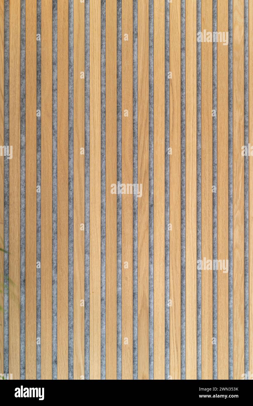 Detail einer hölzernen Wandstruktur mit schallabsorbierendem und schalldichtem Hintergrund Stockfoto