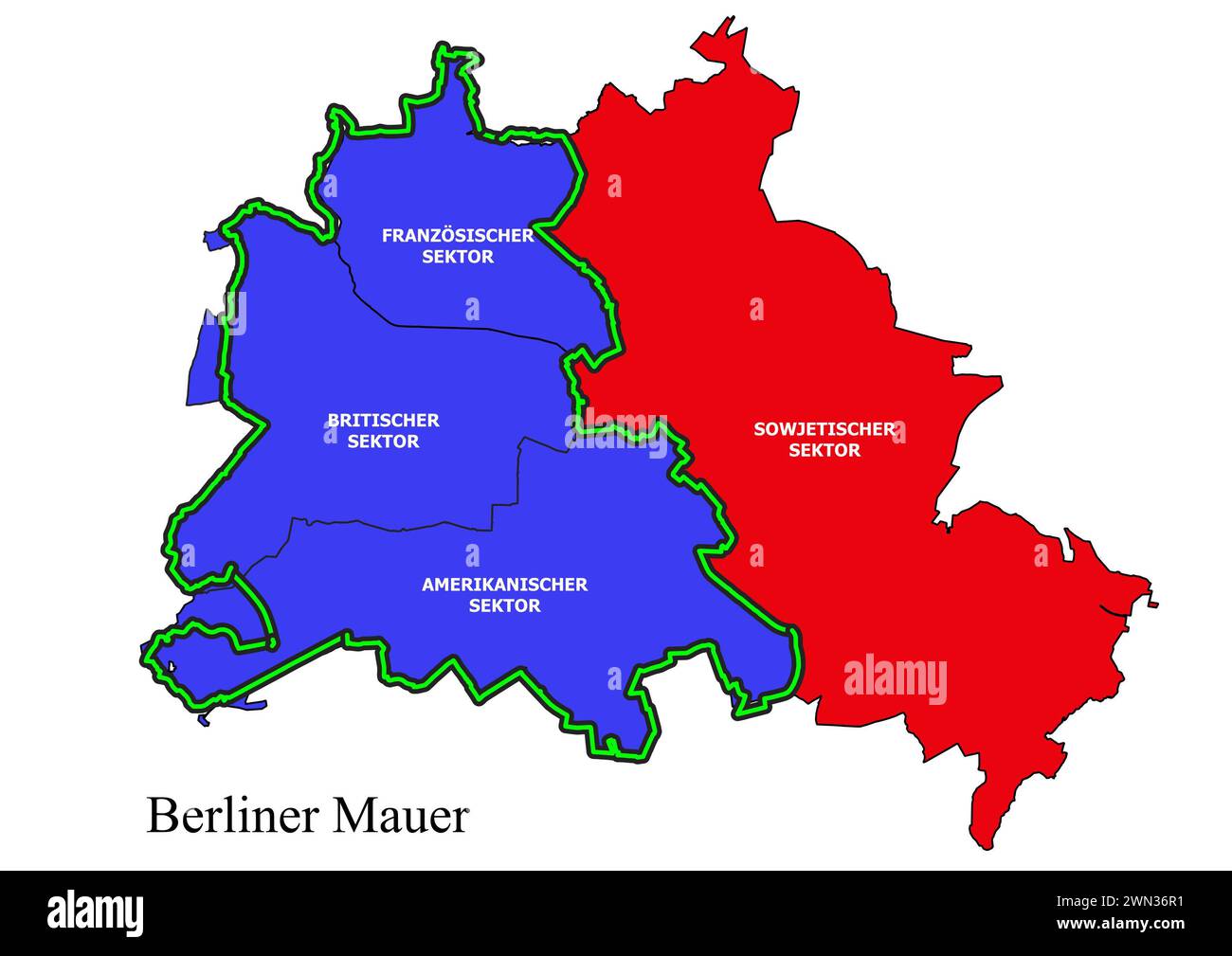 Kurskarte Berliner Mauer mit Bezirken mit Sektoren Stockfoto
