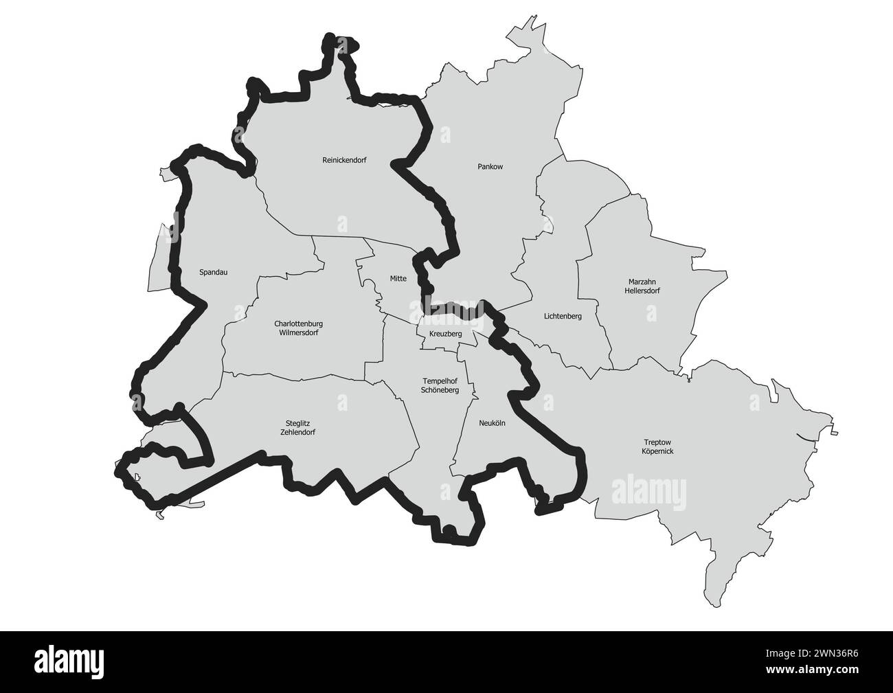 Berliner Mauer Kurskarte mit Bezirken mit Sektoren schwarz-weiß Stockfoto