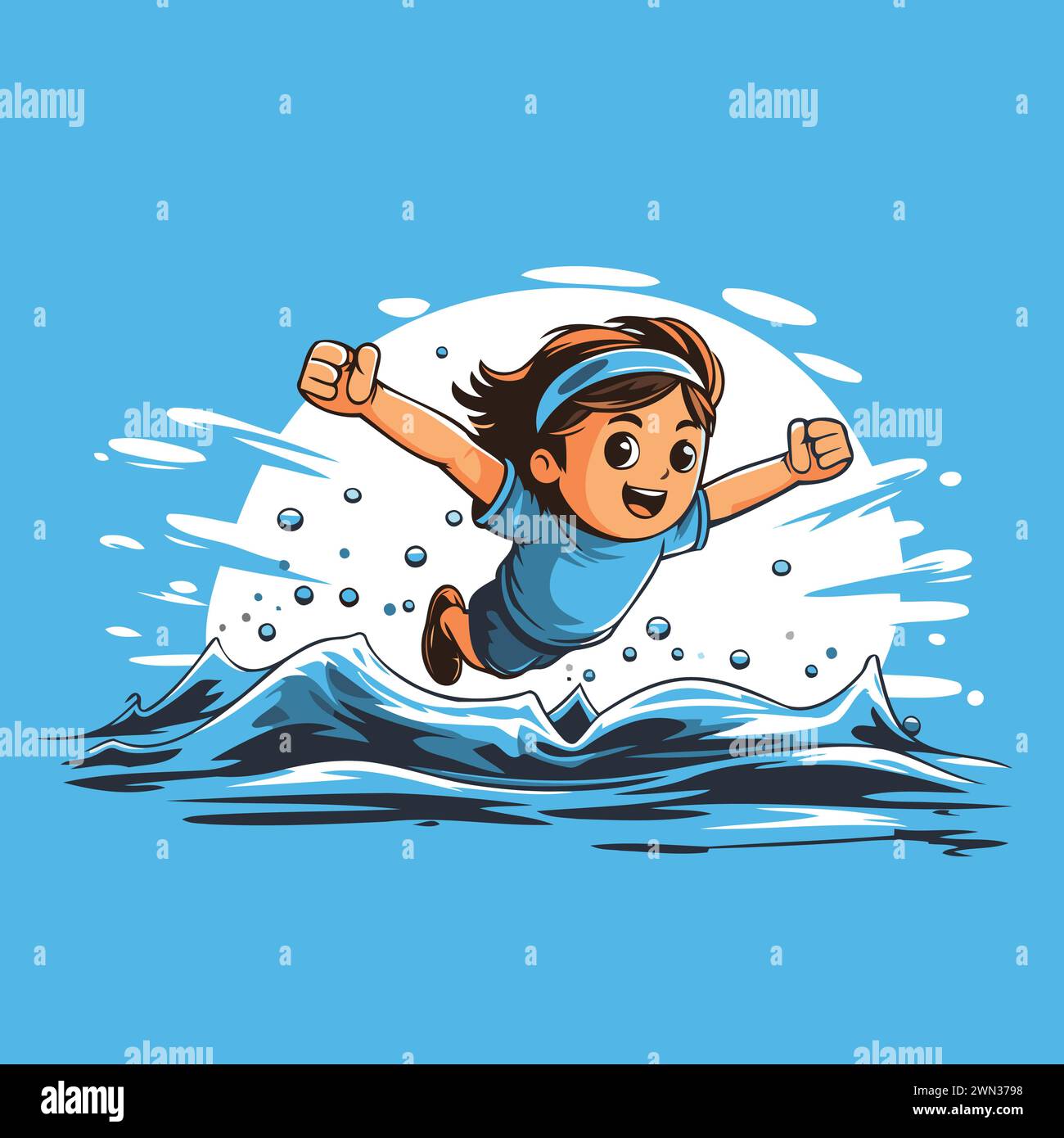Kleiner Junge, der von einer Welle springt. Vektorillustration im Cartoon-Stil. Stock Vektor