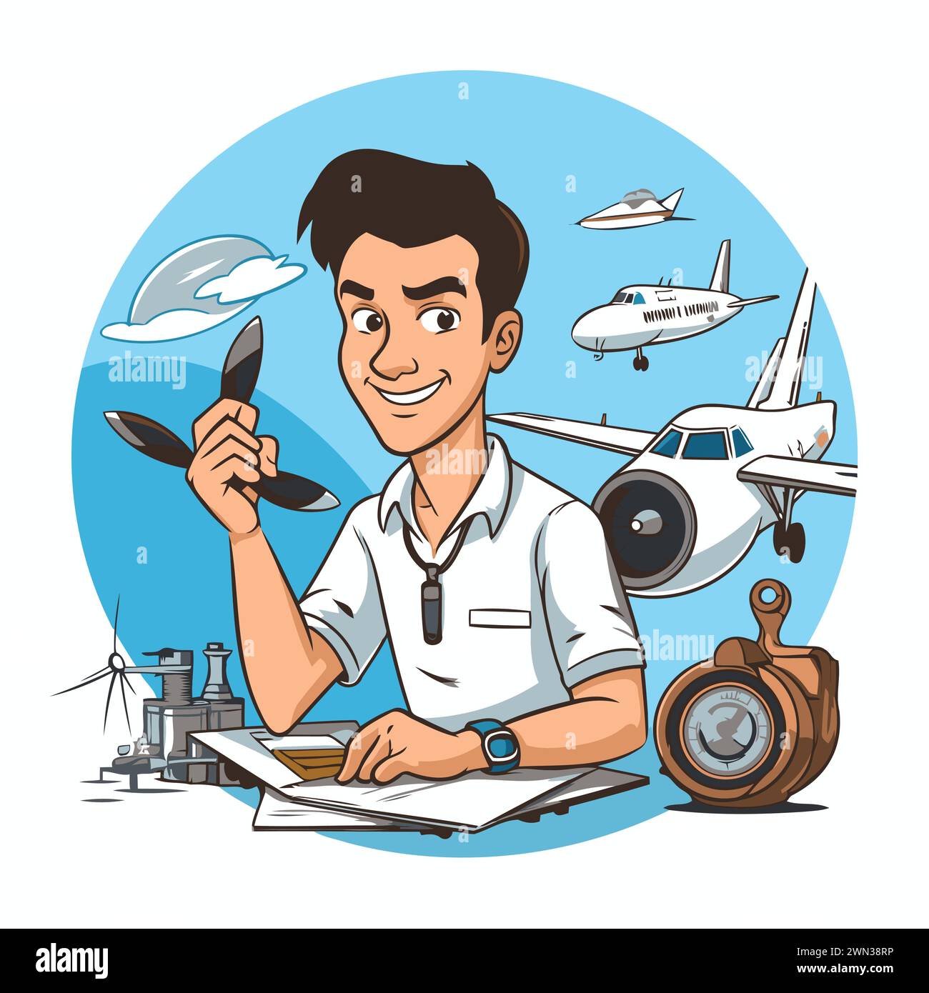 Vektor-Illustration eines Zeichentrickmannes in der Uniform eines Piloten mit Flugzeugen. Stock Vektor