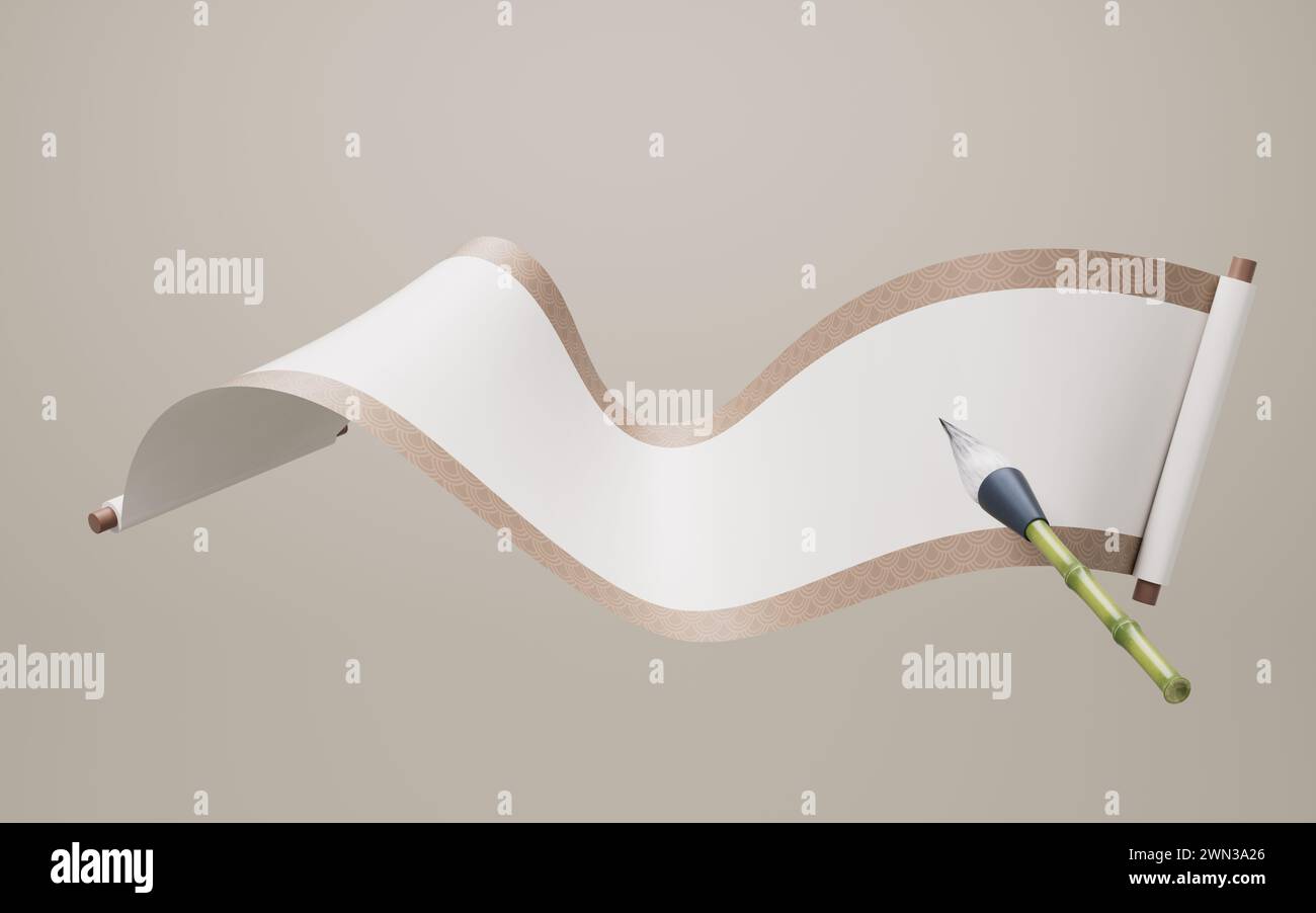 Leeres chinesisches altes Rollenbanner, 3D-Rendering. 3D-Abbildung. Stockfoto