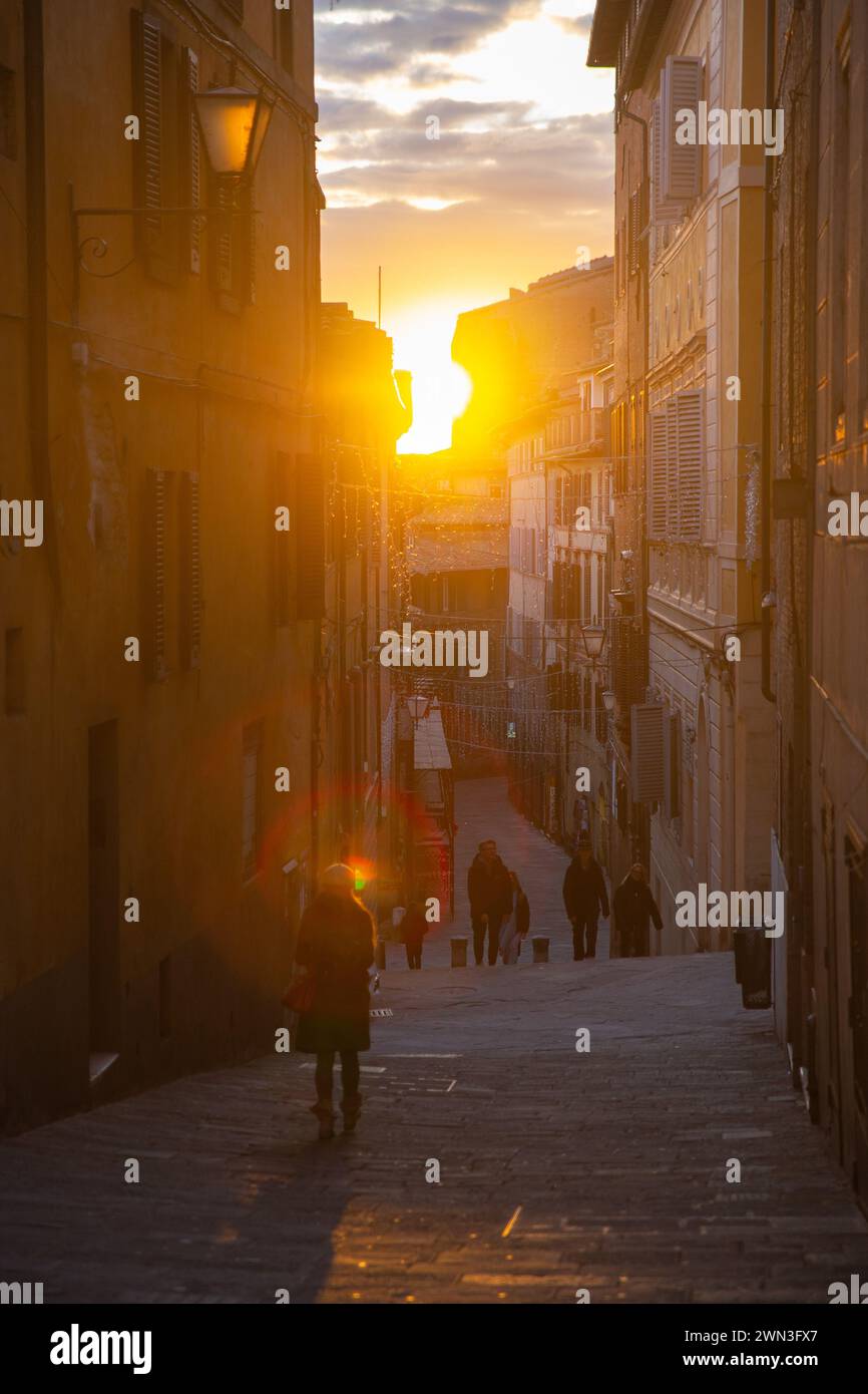 Die Hinterleuchtung bei Sonnenuntergang in der engen Straße in Siena, Italien Stockfoto