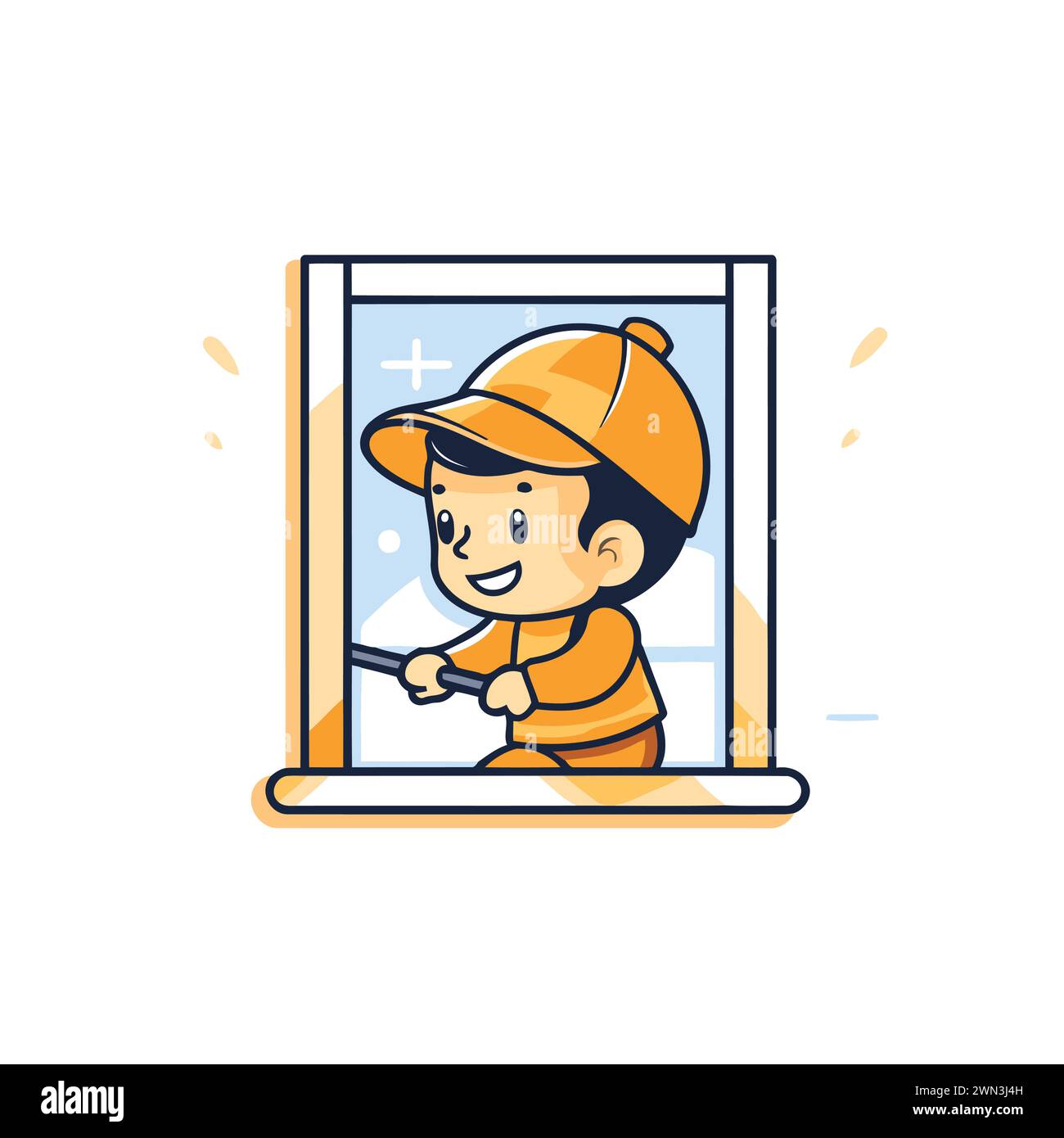 Süßer Junge mit Helm und Handschuhen, der durch das Fenster schaut. Illustration des flachen Vektors. Stock Vektor