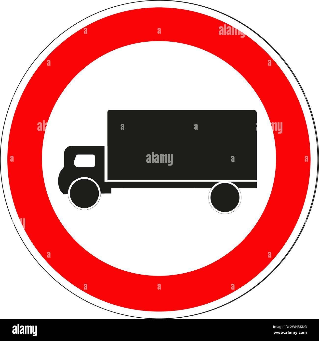 Französisches Straßenschild, runder weißer Hintergrund mit rotem Rand: Verboten für schwere Nutzfahrzeuge. Stockfoto