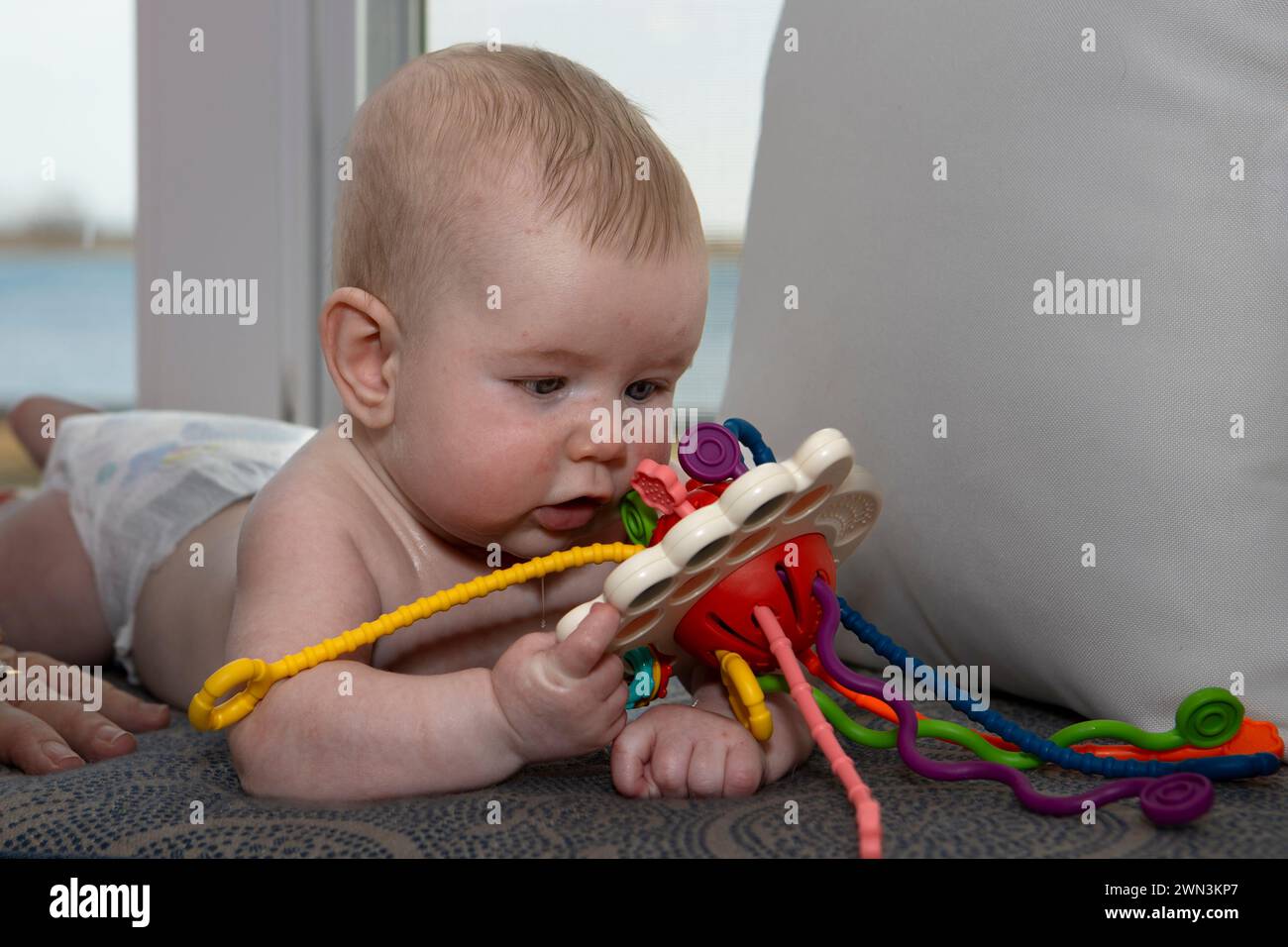 4 Monate alter Junge auf dem Bauch, der ein Spielzeug hält. Stockfoto