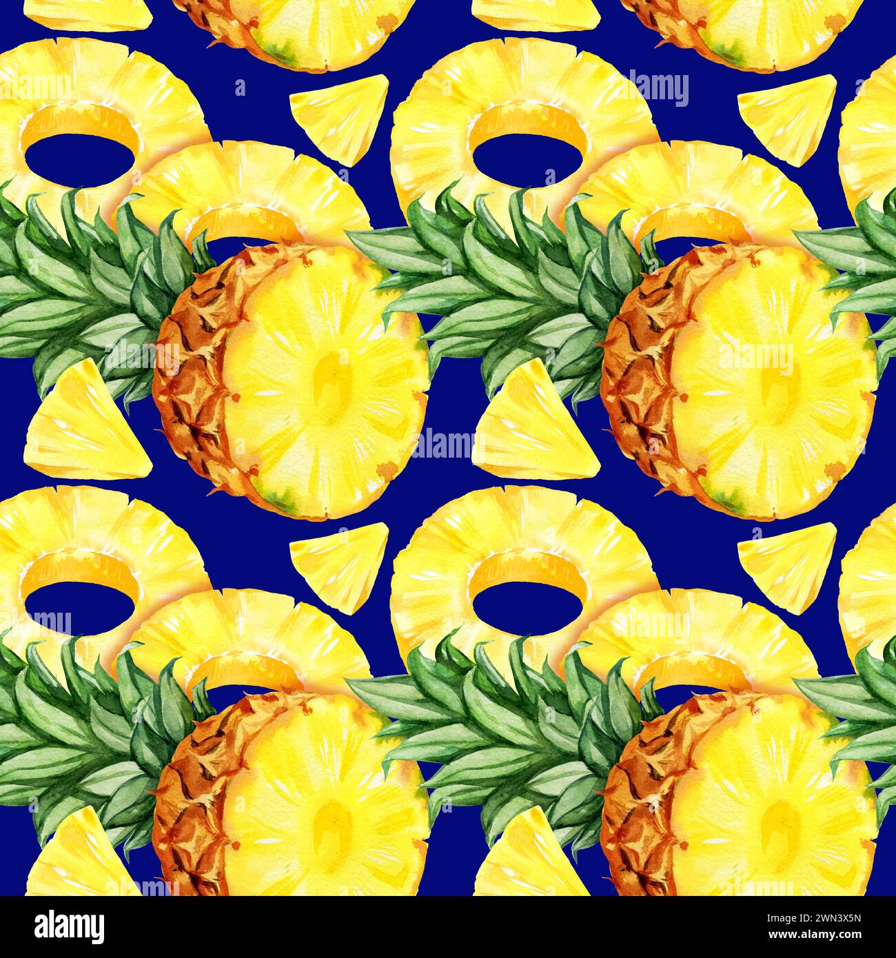 Nahtloses Aquarellmuster mit Ananas, Hälfte und Scheiben reifer Ananas, Skizze tropischer Früchte, handgezeichnete Illustration, Lebensmittelillustration auf Stockfoto