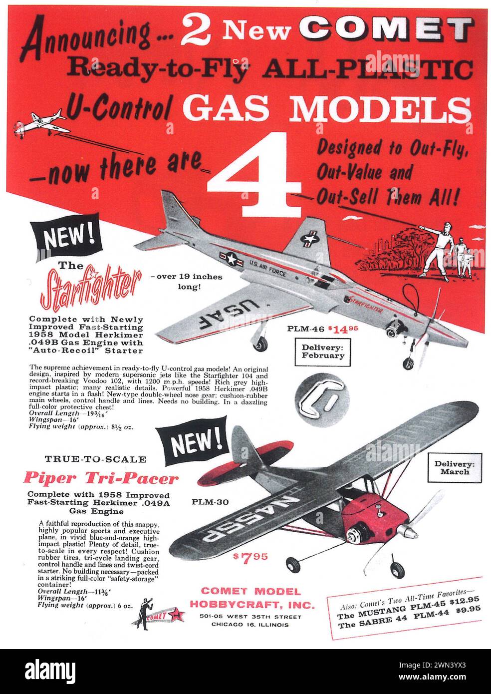 1958 Komet Kunststoff Gas Modellflugzeuge Printanzeige Stockfoto