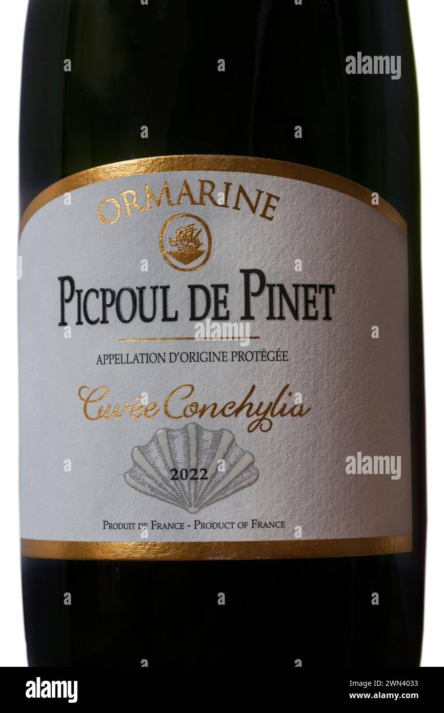 Etikett auf Picpoul de Pinet Cuvee Conchylia 2022 Flasche Weißwein - Erzeugnis aus Frankreich Französisch Stockfoto