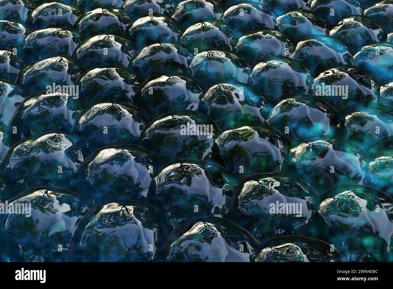 Zahlreiche abstrakte, glänzend bläulich-eiähnliche Zellen lebender Organismen. Illustration des Begriffs Aliens und als fantasievoller Hintergrund für die Website Stockfoto